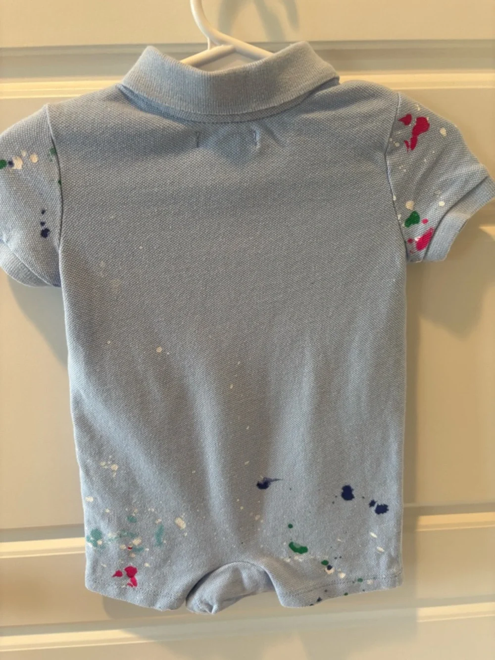 Ralph Lauren Blue Pique Polo Short Playsuit w/ Paint Splatter Design